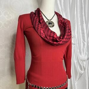 Vintage Bebe Cowl Neck Sweater Womens XS Red Polka Dot Ribbed Knit Long Sleeve